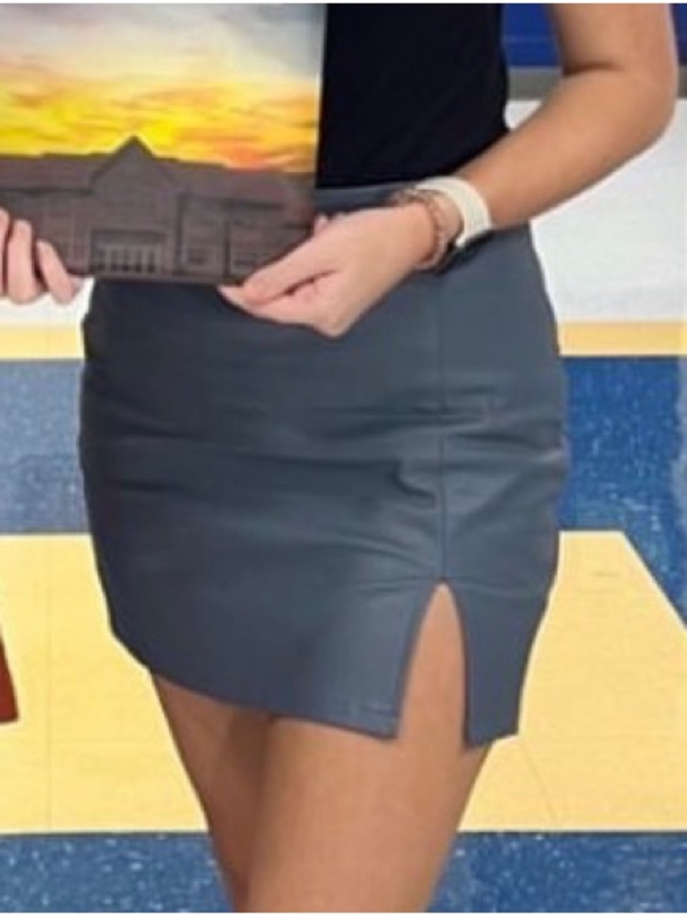 Le Lis Faux Leather Mini Skirt in Slate Blue with Front Slit